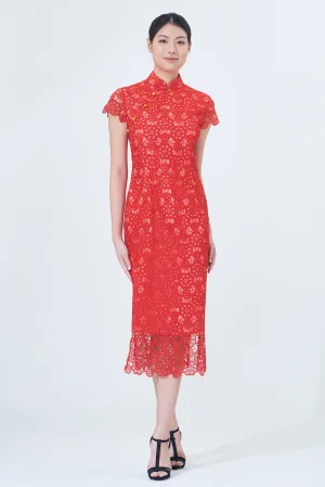 MARTHA Floral Lace Long Cheongsam (Red)