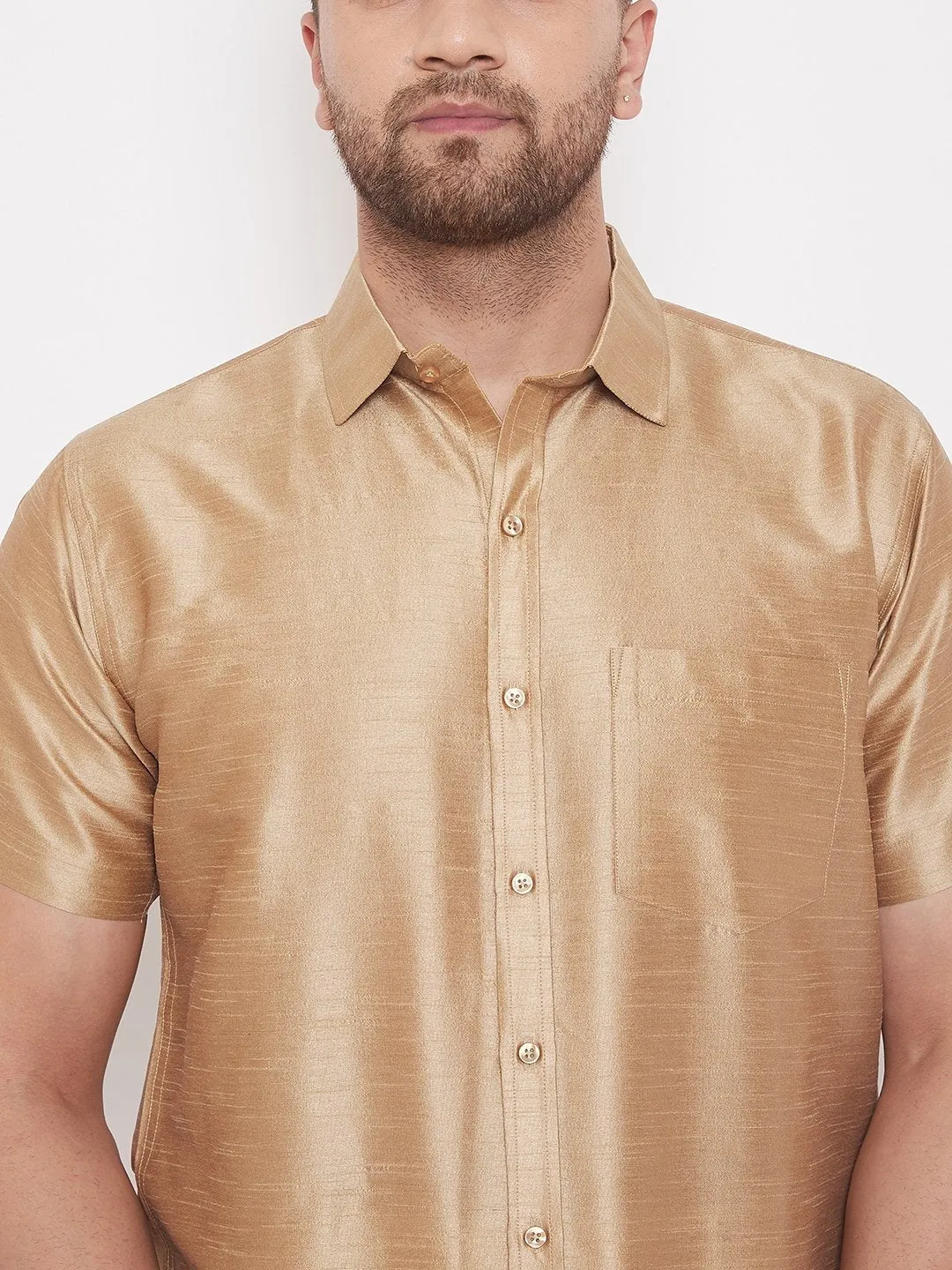 Men's Gold Cotton Silk Blend Ethnic Shirt - Vastramay