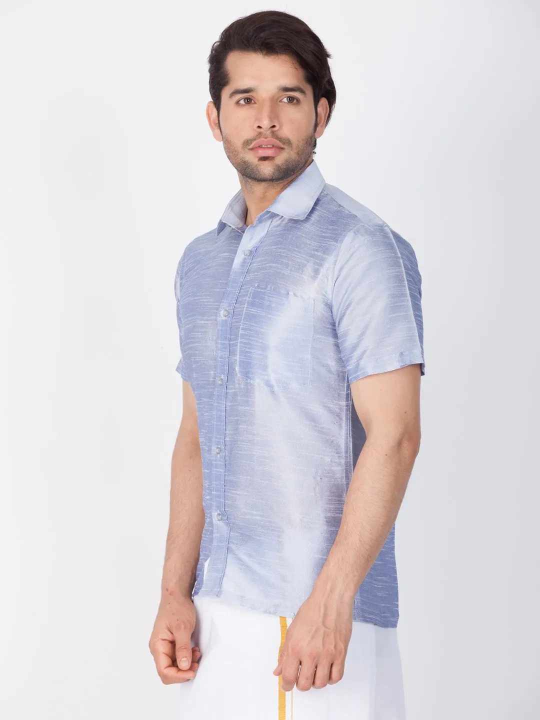 Men's Light Blue Cotton Silk Blend Ethnic Shirt - Vastramay