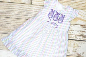 Monogrammed Seersucker Easter dress with bunnies, toddler dress, baby girl easter dress personalized, rainbow easter dress with bunnies