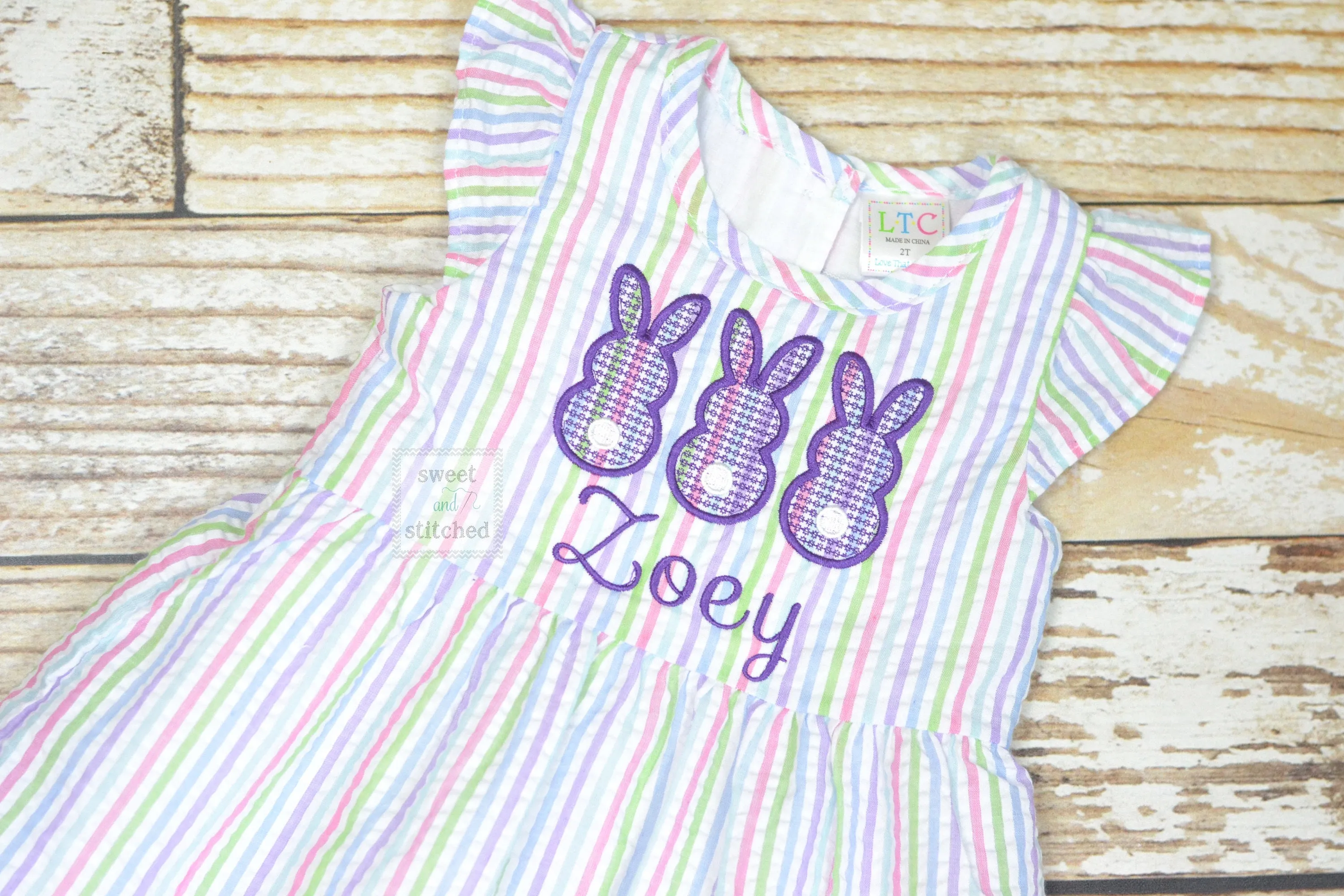 Monogrammed Seersucker Easter dress with bunnies, toddler dress, baby girl easter dress personalized, rainbow easter dress with bunnies