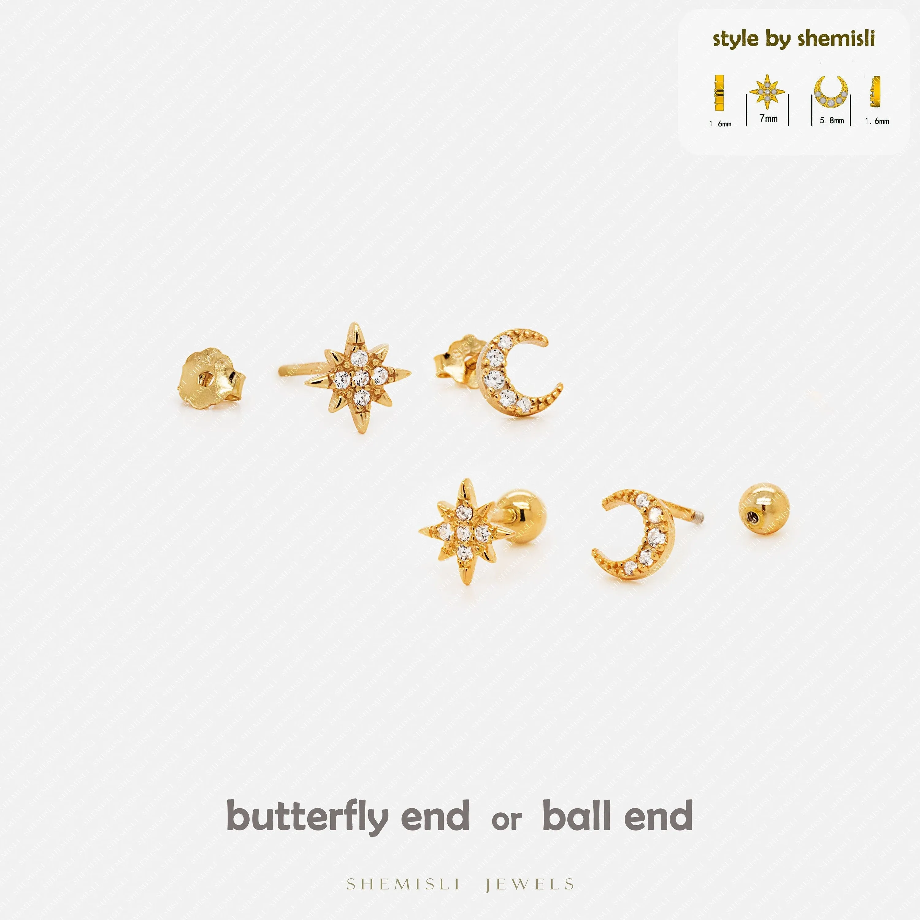 Moon and Star Earrings, Mismatched Celestial Studs, Unisex, Gold, Silver SS035 SS036 Butterfly End, SS351 SS352 Screw Ball End (Type A)