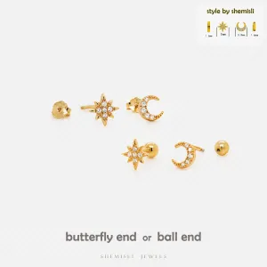 Moon and Star Earrings, Mismatched Celestial Studs, Unisex, Gold, Silver SS035 SS036 Butterfly End, SS351 SS352 Screw Ball End (Type A)