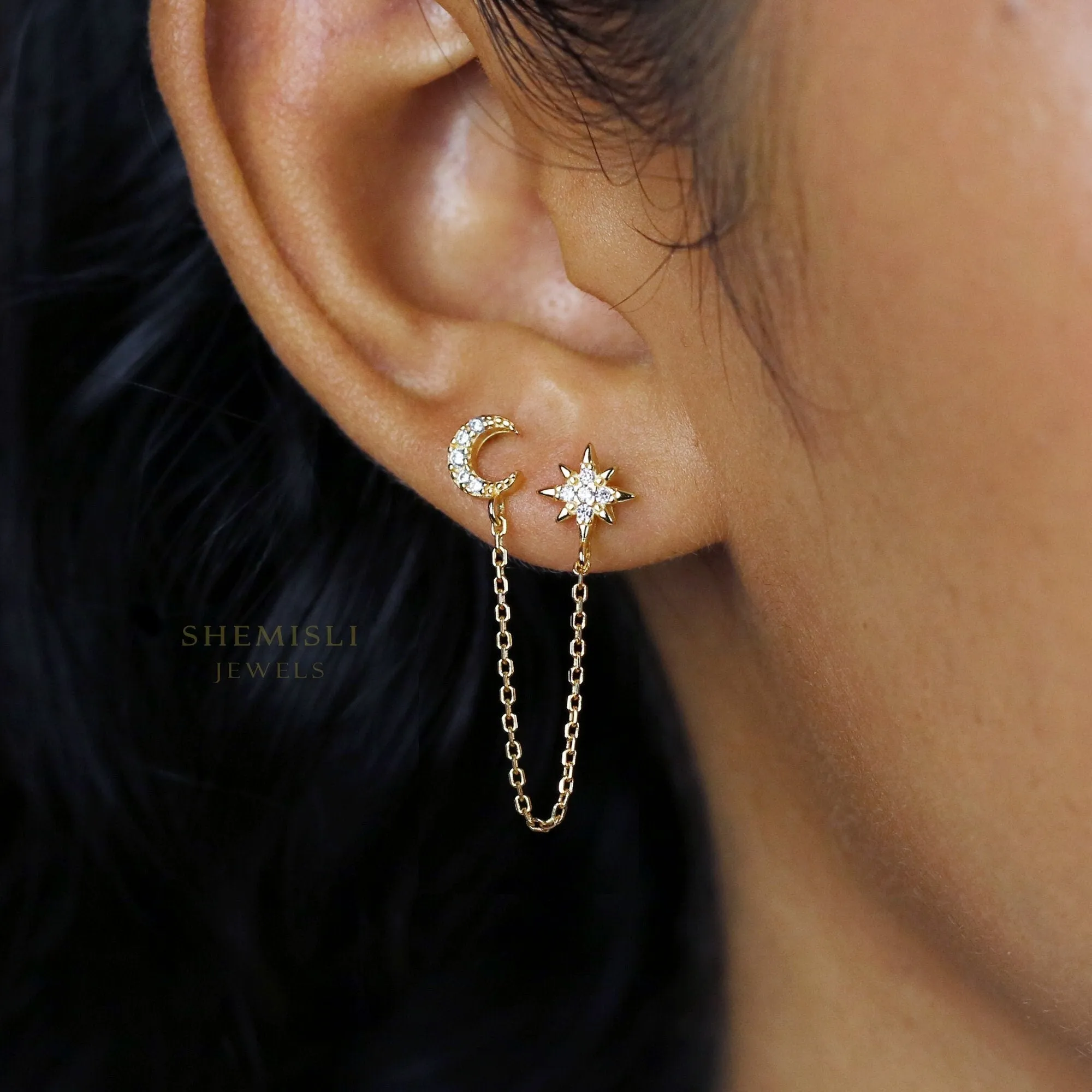 Moon and Star Studs for Two Piercings, Starburst Studs, Unisex, Gold, Silver SHEMISLI SS156 LR