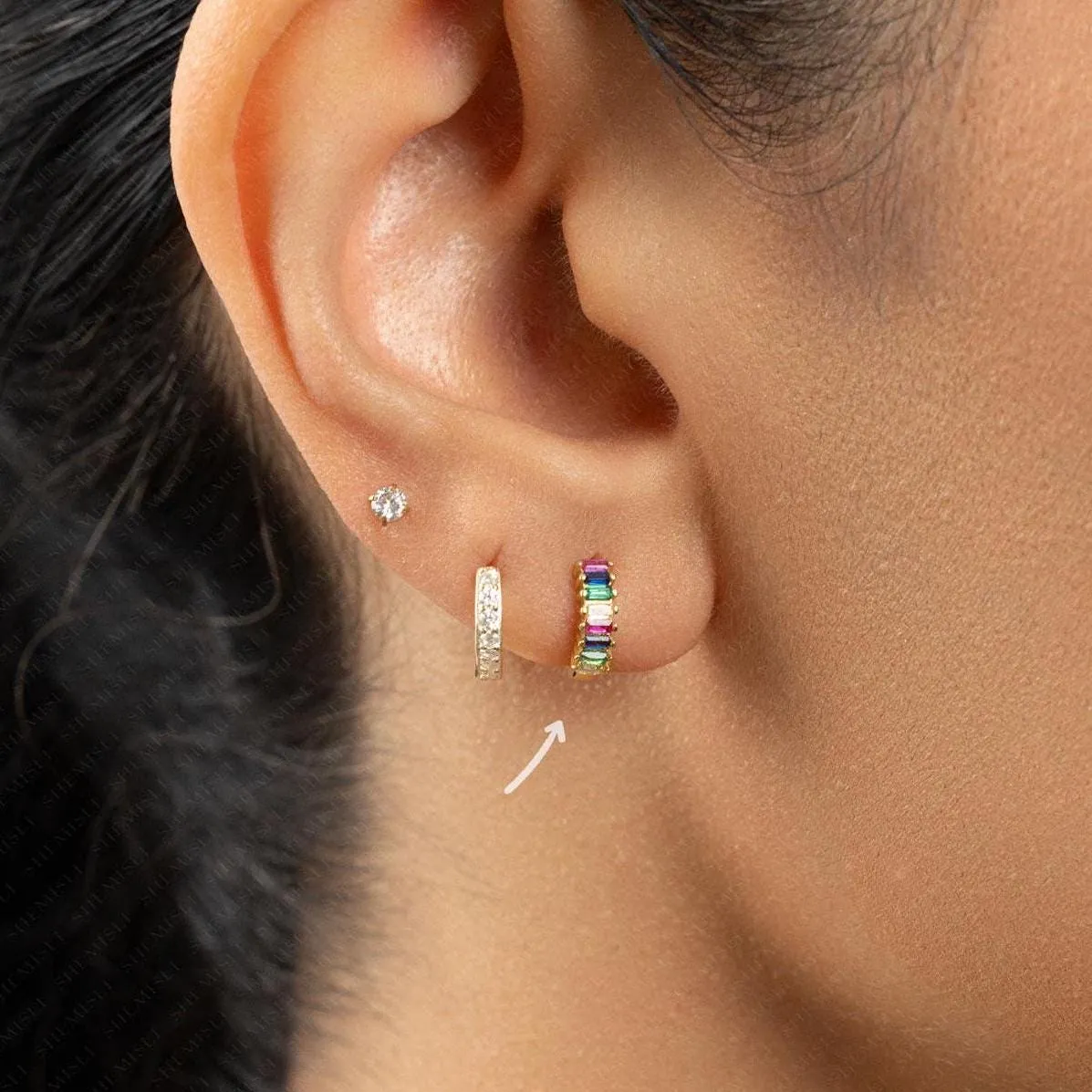 Multicolored Rainbow CZ Hoop Earrings, Huggies, Unisex, Gold, Silver SHEMISLI SH194