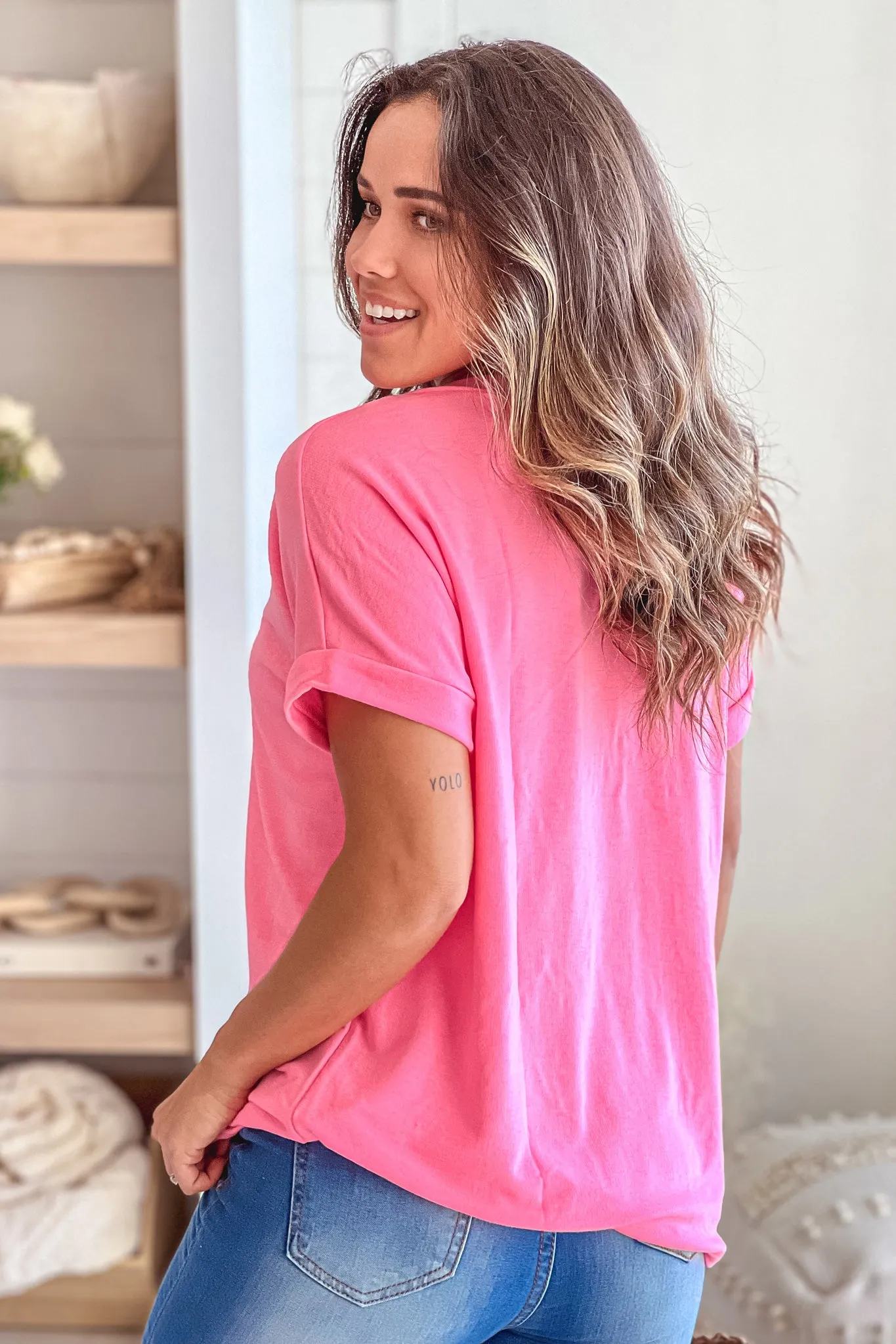 Neon Pink V-Neck Short Cuffed Sleeve Top