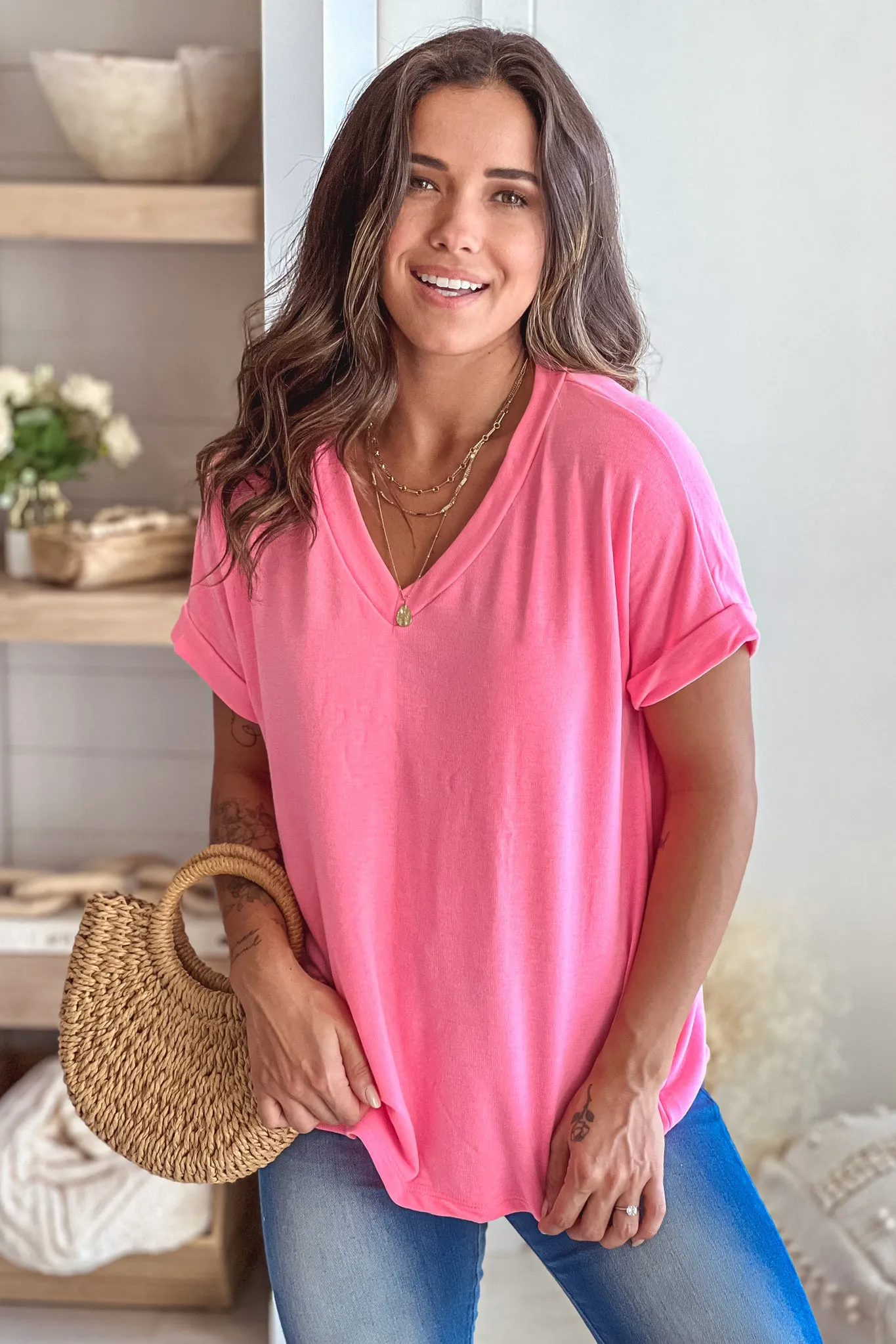 Neon Pink V-Neck Short Cuffed Sleeve Top