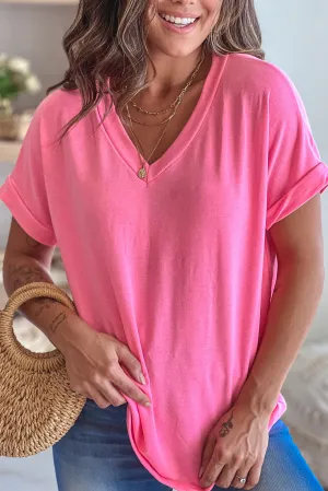 Neon Pink V-Neck Short Cuffed Sleeve Top