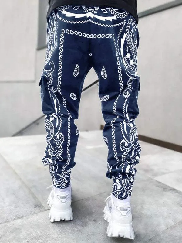 New printed cashew flower harem pants men's loose high street multi-pocket overalls