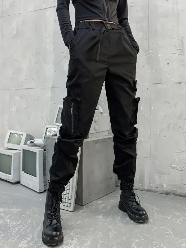 Original Black Pocket Zipper Split-Joint Overalls Pants