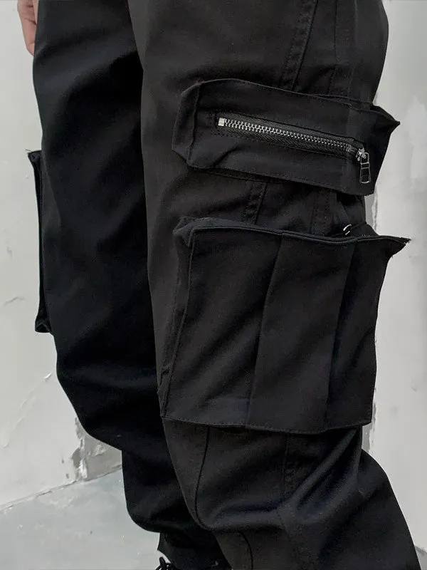 Original Black Pocket Zipper Split-Joint Overalls Pants