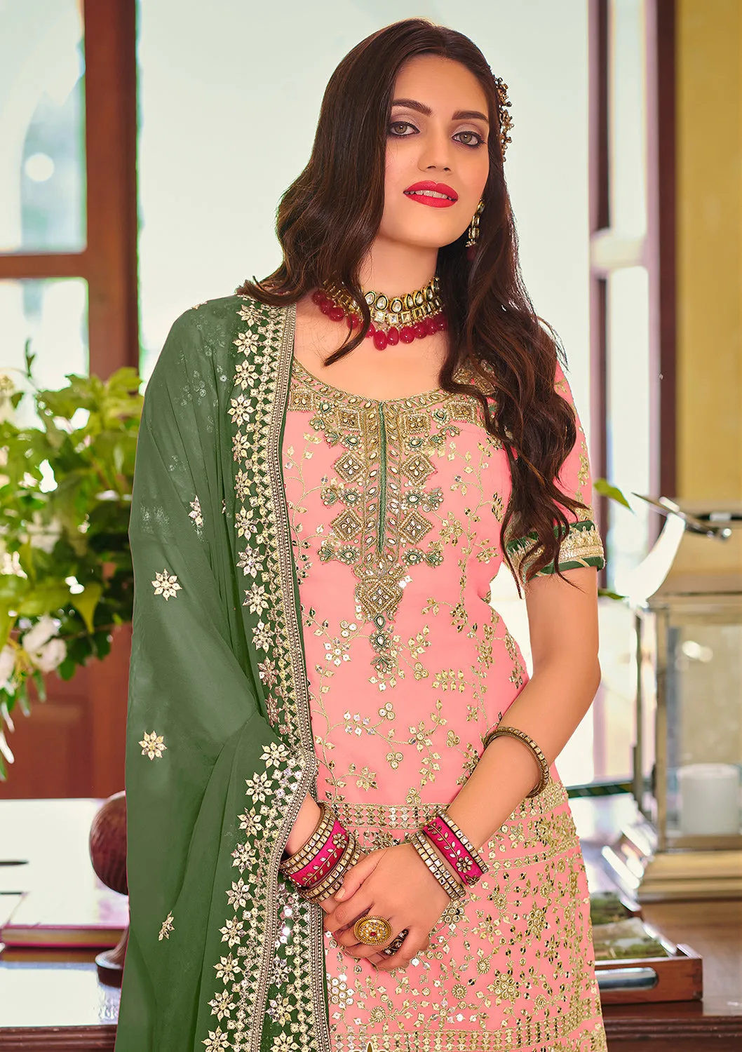 Palazzo Style Blush Pink Embellished Georgette Suit