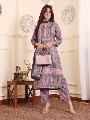 Pink & Grey Wool Blend Ethnic Print Suit Set with Wool Dupatta