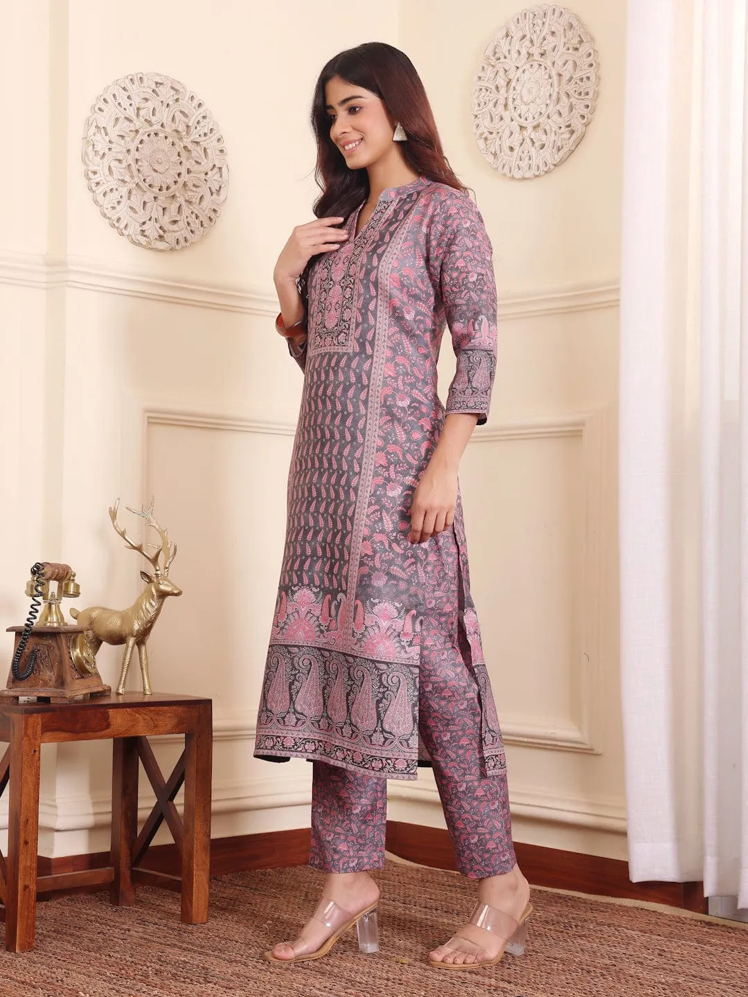 Pink & Grey Wool Blend Ethnic Print Suit Set with Wool Dupatta