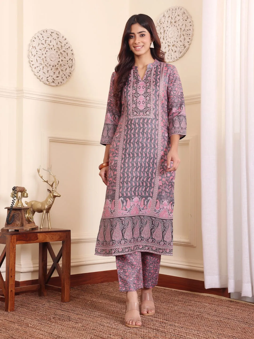 Pink & Grey Wool Blend Ethnic Print Suit Set with Wool Dupatta