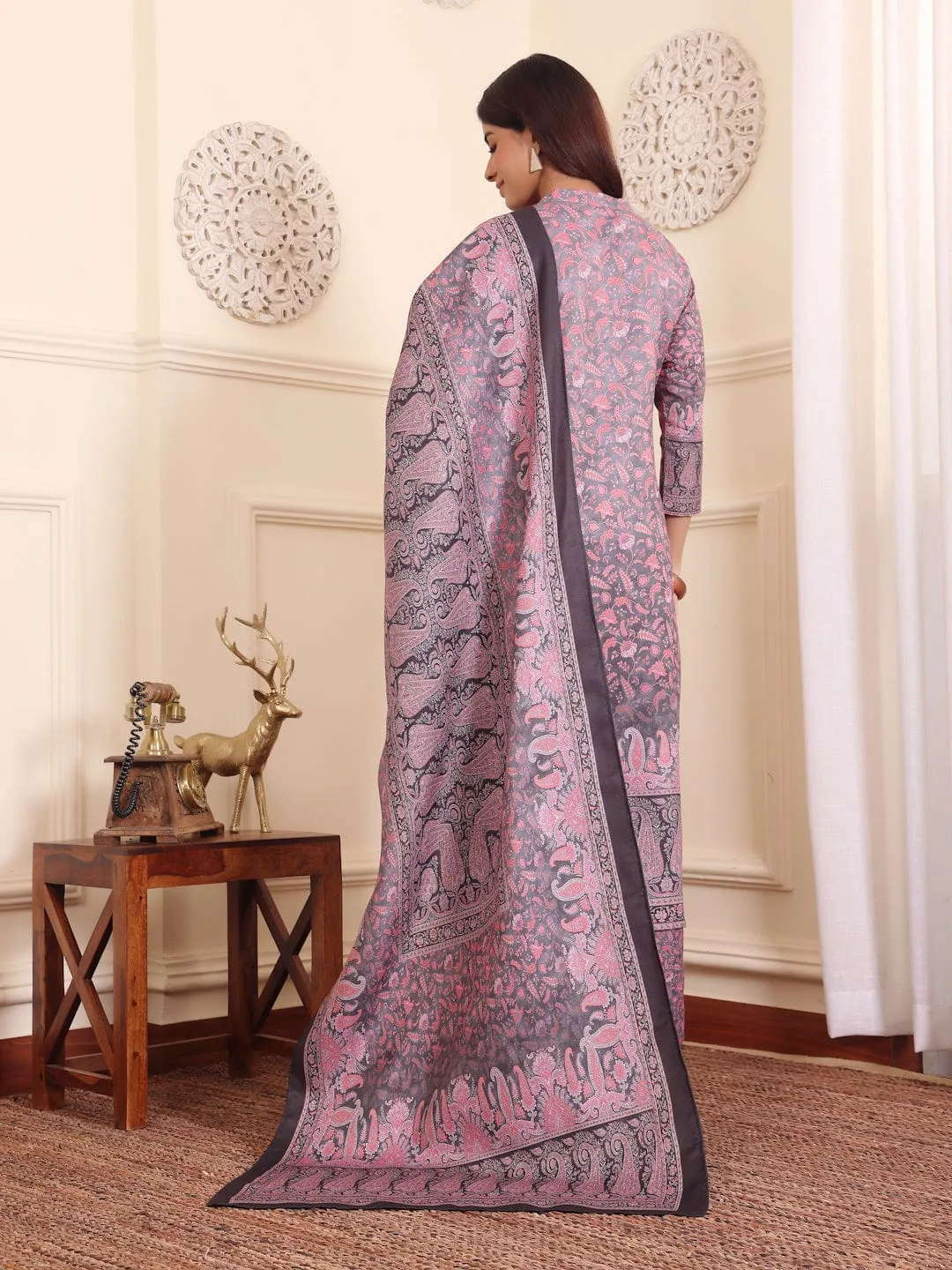 Pink & Grey Wool Blend Ethnic Print Suit Set with Wool Dupatta