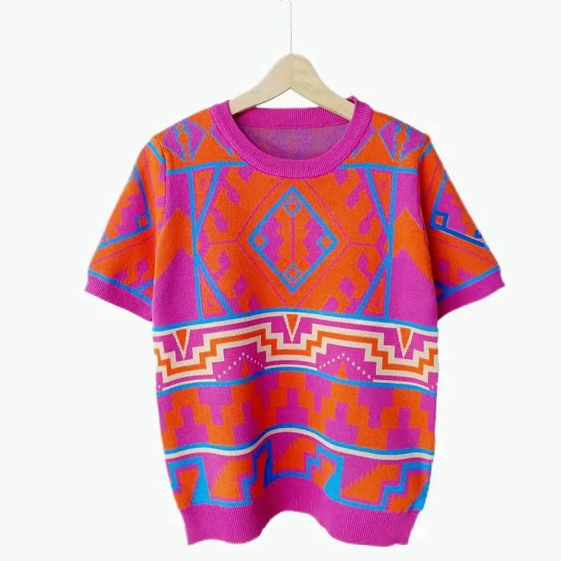 Pre Order:  Geometric Jacquard Short Sleeve Knitted T-Shirt