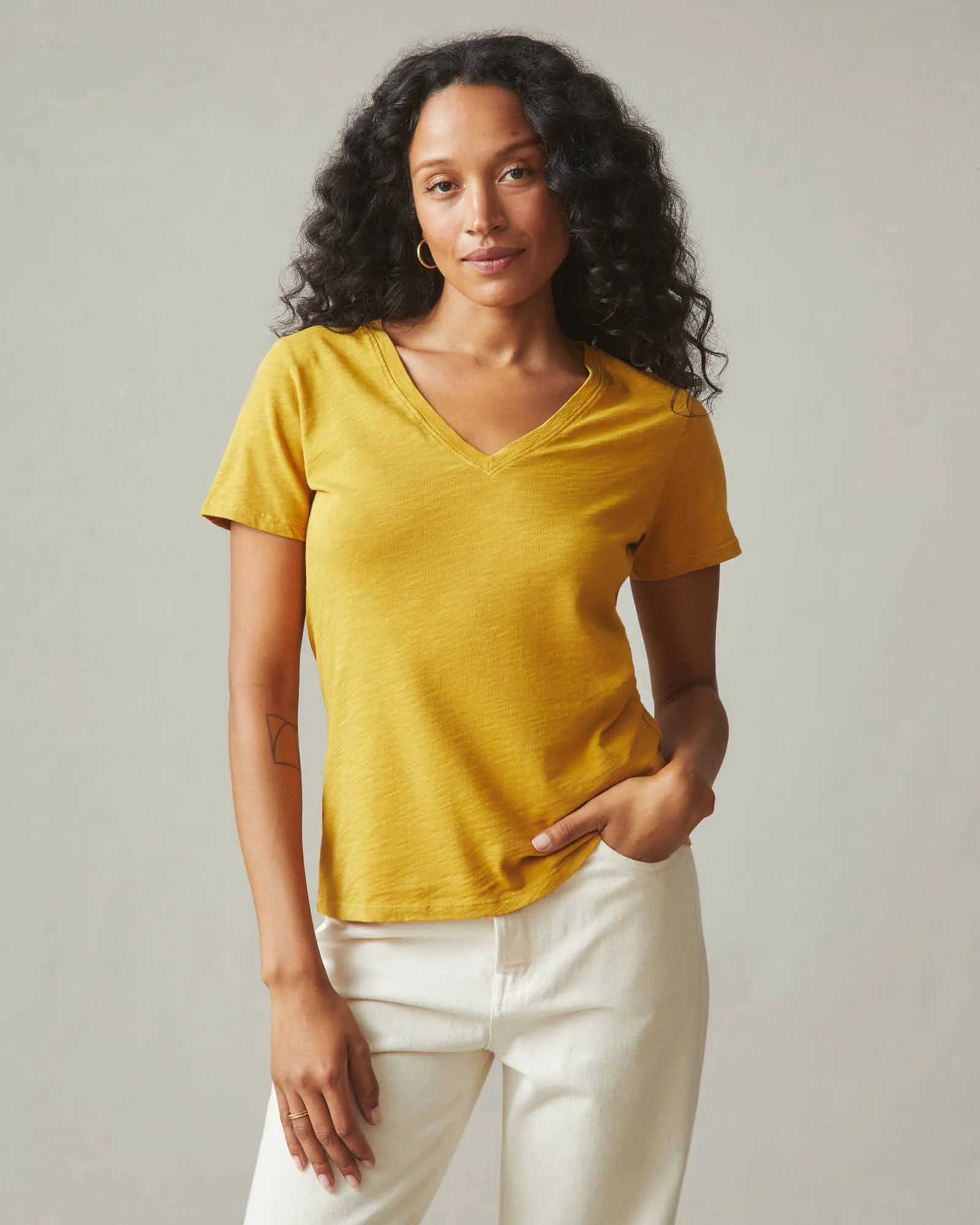 Premium Slub V-Neck Tee - Golden Honey