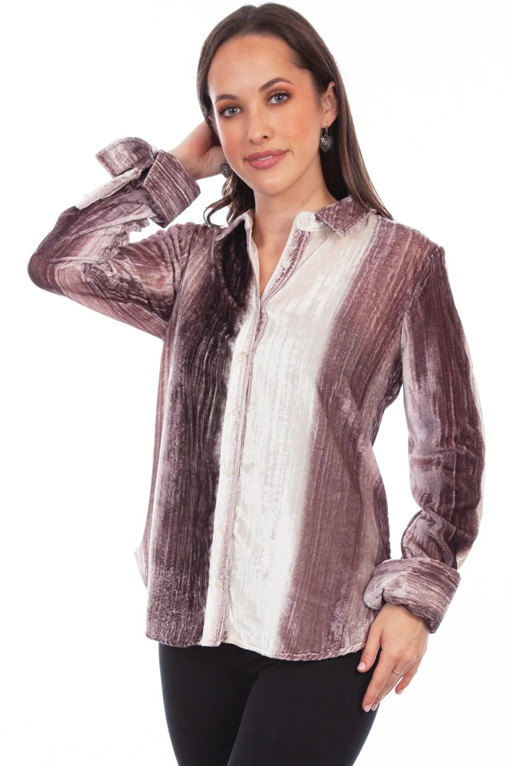 Scully Womens Velvet Stripe Plum/White 75% Viscose/25% Nylon L/S Shirt