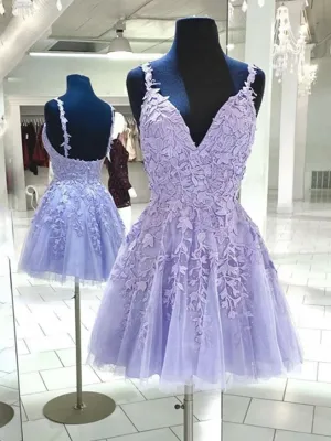 Short V Neck Purple Lace Prom Dresses