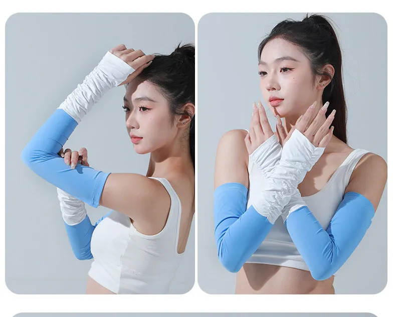 Sidiou Group ANNIOU New Summer Women's UV Arm Sleeves Skin Friendly Breathable Cooling Sunscreen Sleeve Wrinkled Color-blocked Ice Silk Hand Sleeve