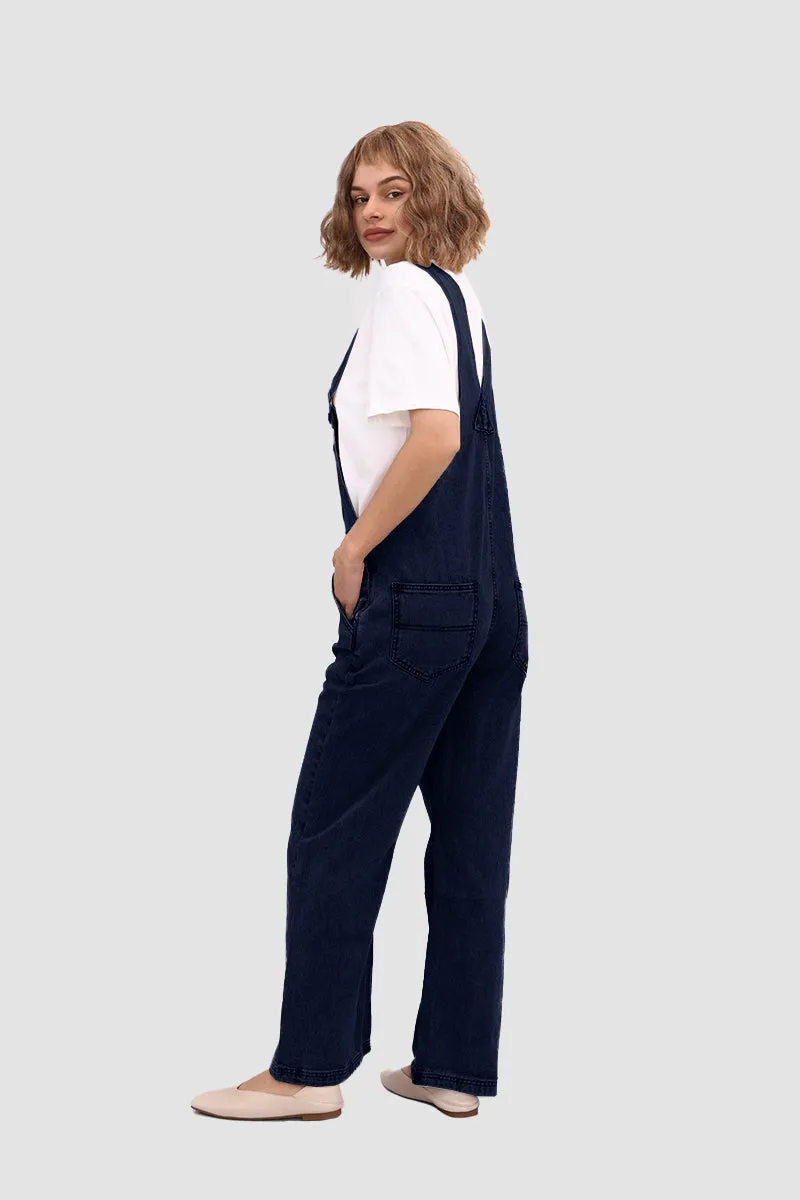 Slant Pocket Wide Leg Denim Overalls