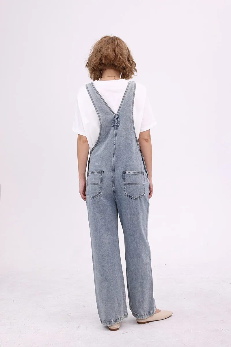 Slant Pocket Wide Leg Denim Overalls