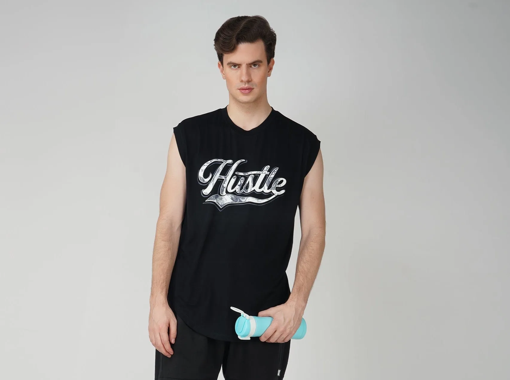 SLAY. Men's Hustle Printed Sleeveless Black Dropcut T-Shirt