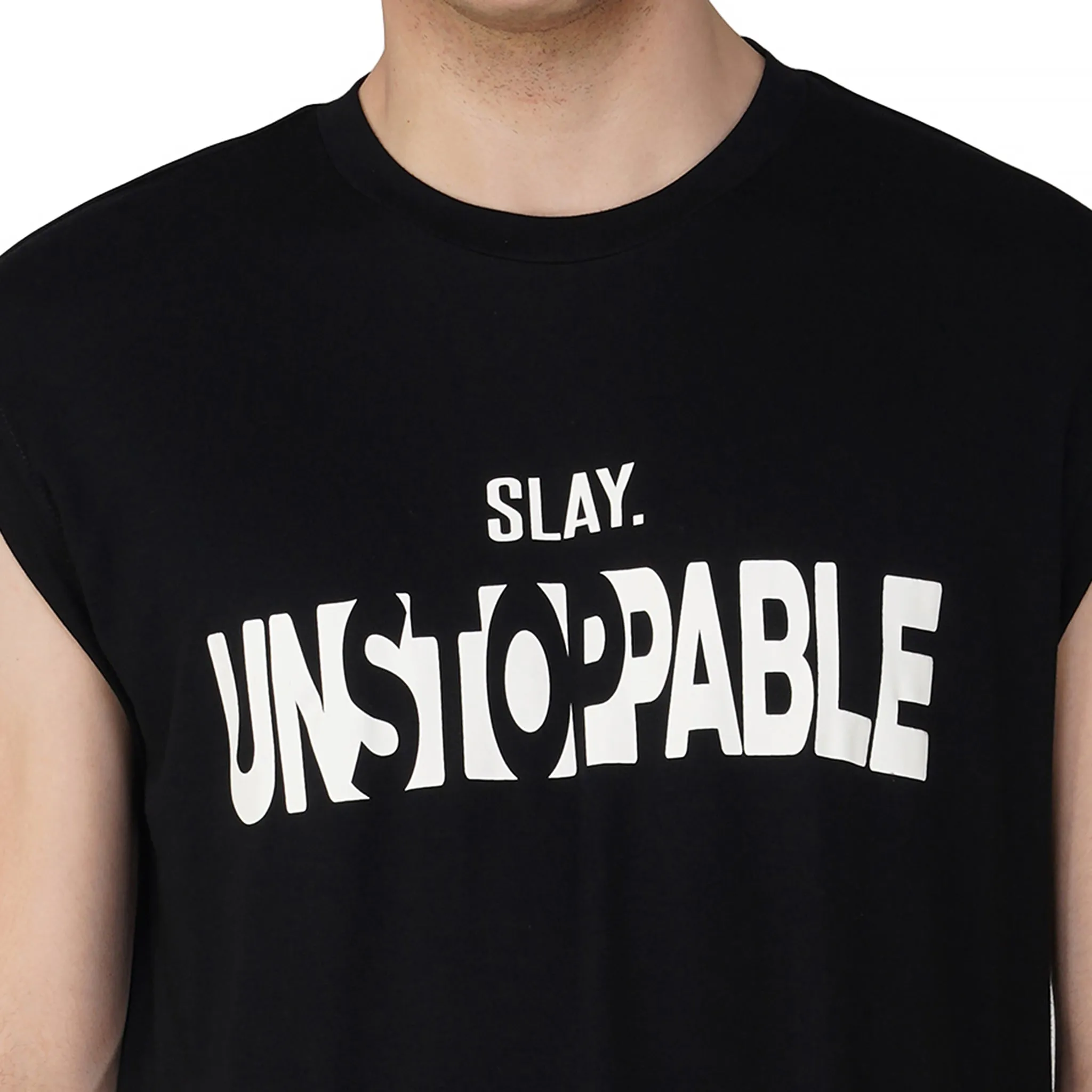 SLAY. Men's Unstoppable Printed Sleeveless Black Dropcut T-Shirt