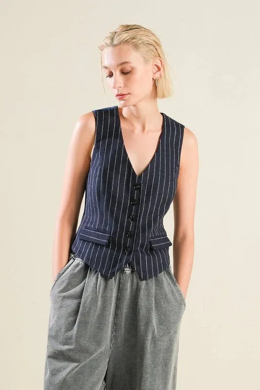 Tegan Sleeveless Button Down Stripe Print Vest Navy