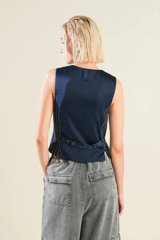 Tegan Sleeveless Button Down Stripe Print Vest Navy