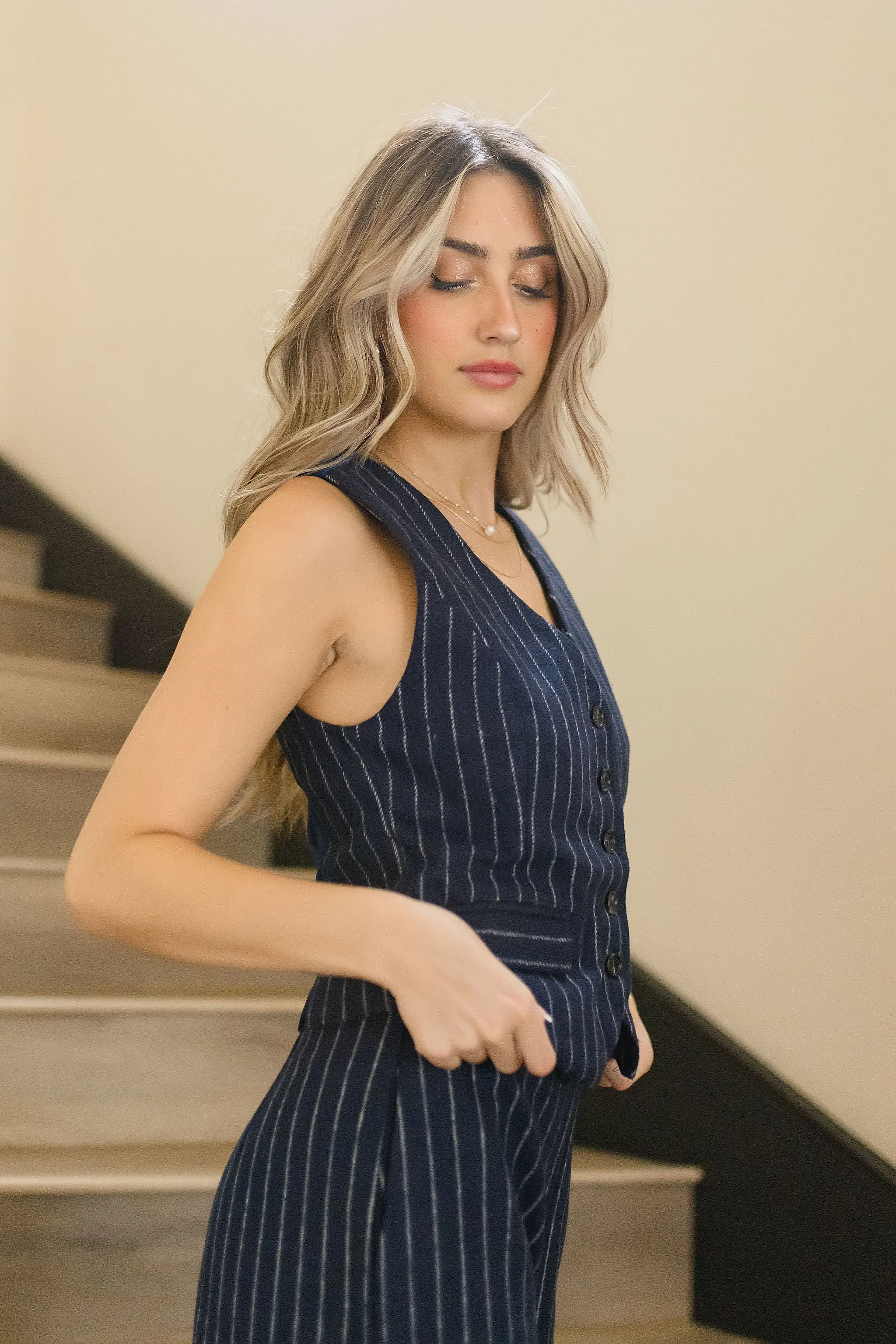 Tegan Sleeveless Button Down Stripe Print Vest Navy