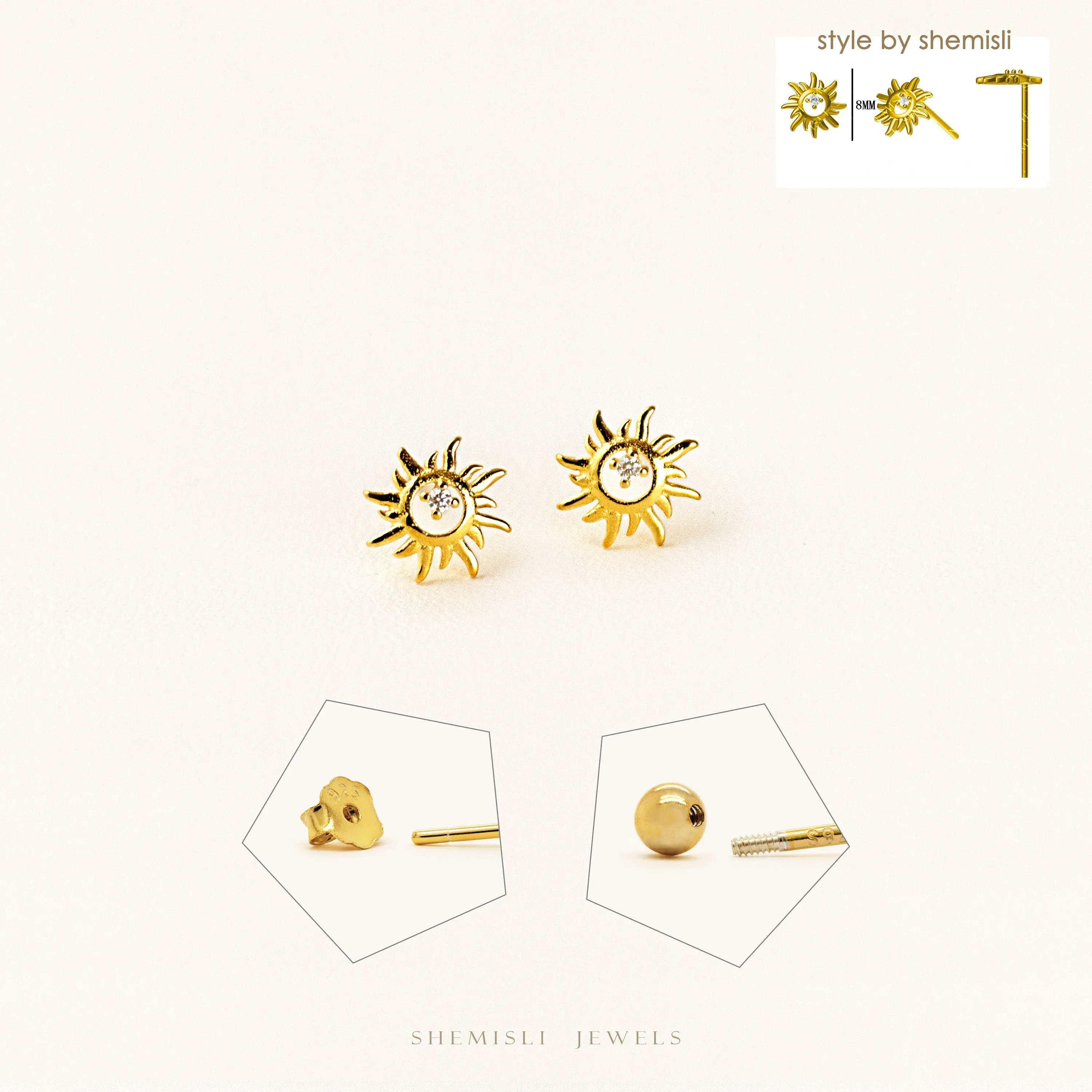 Tiny CZ Sun Studs Earrings, Starburst Studs, Unisex, Gold, Silver SHEMISLI SS031 Butterfly End, SS795 Screw Ball End (Type A)