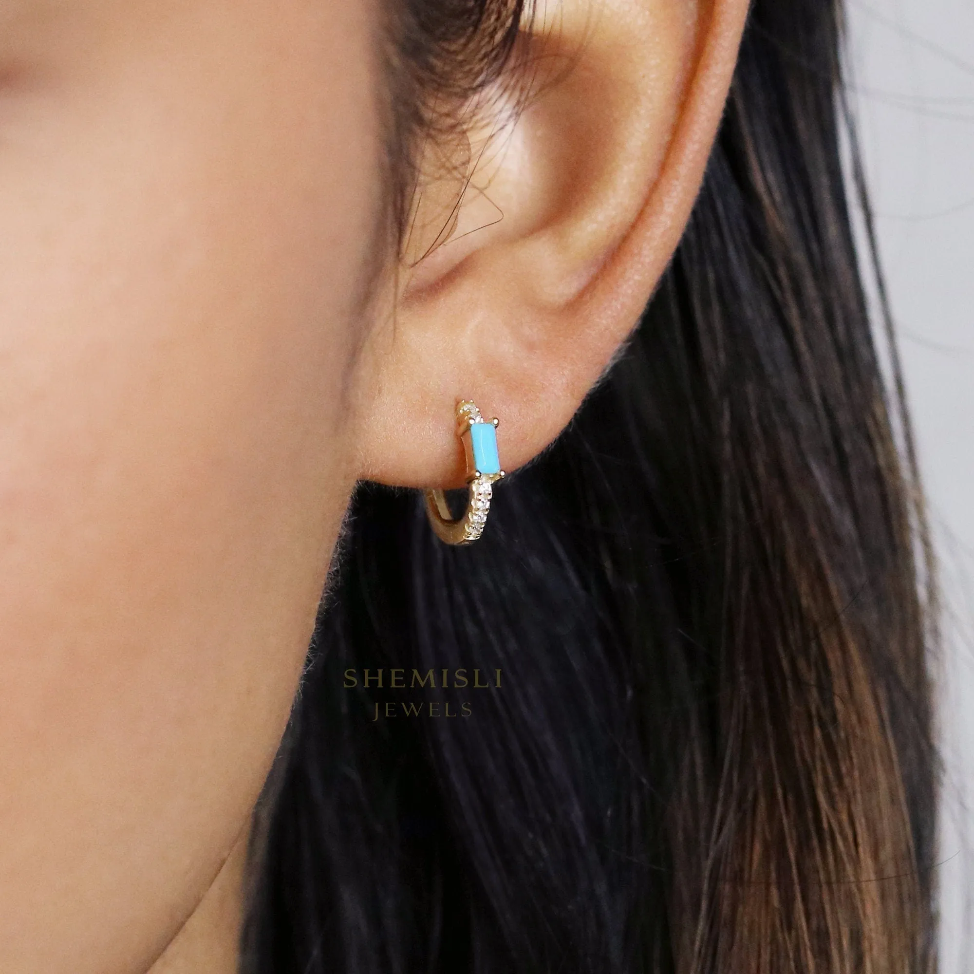 Turquoise Baguette CZ Hoops, Unisex, Gold, Silver SHEMISLI - SH212