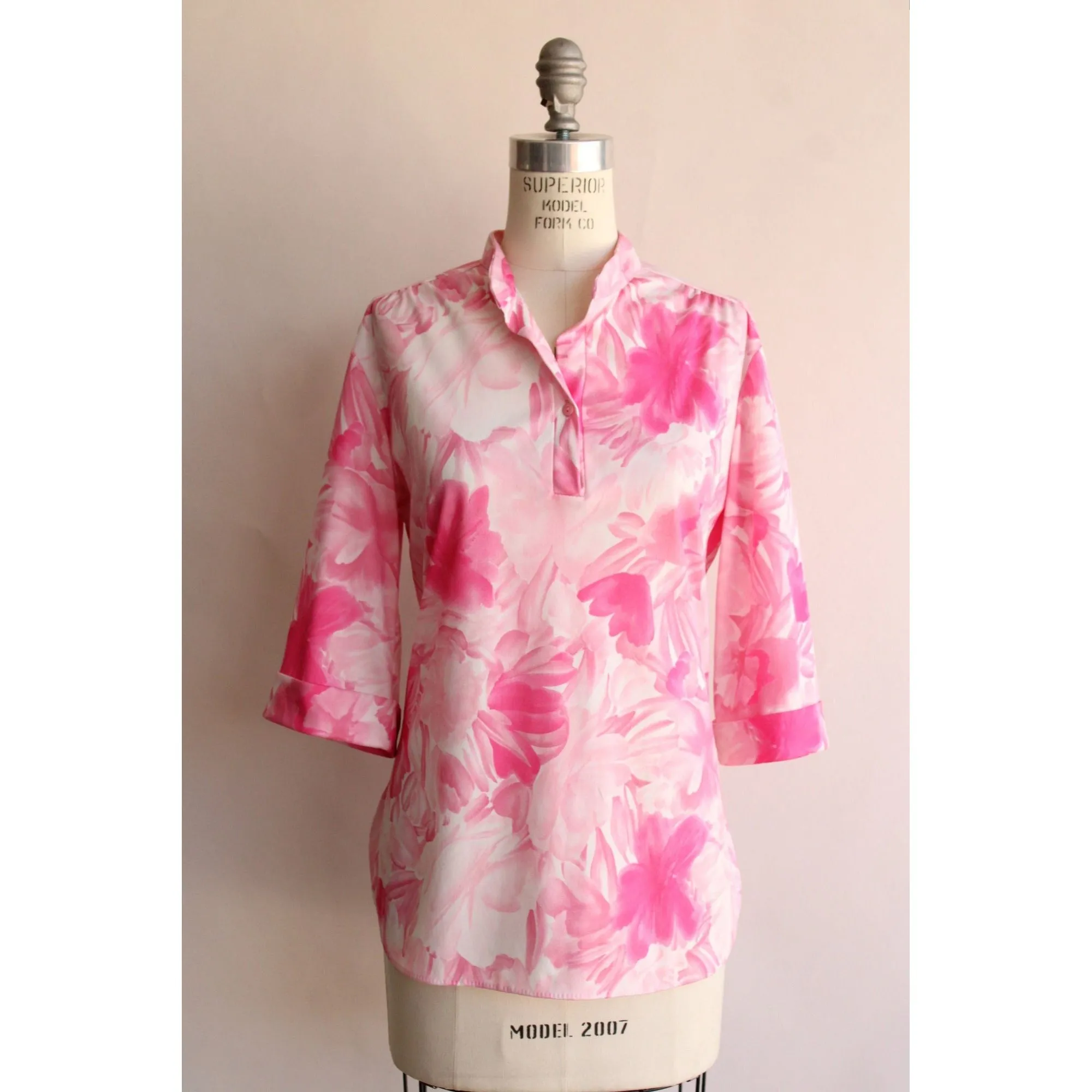 Vintage 1960s Ro-Vel Pink And White Floral Print Top