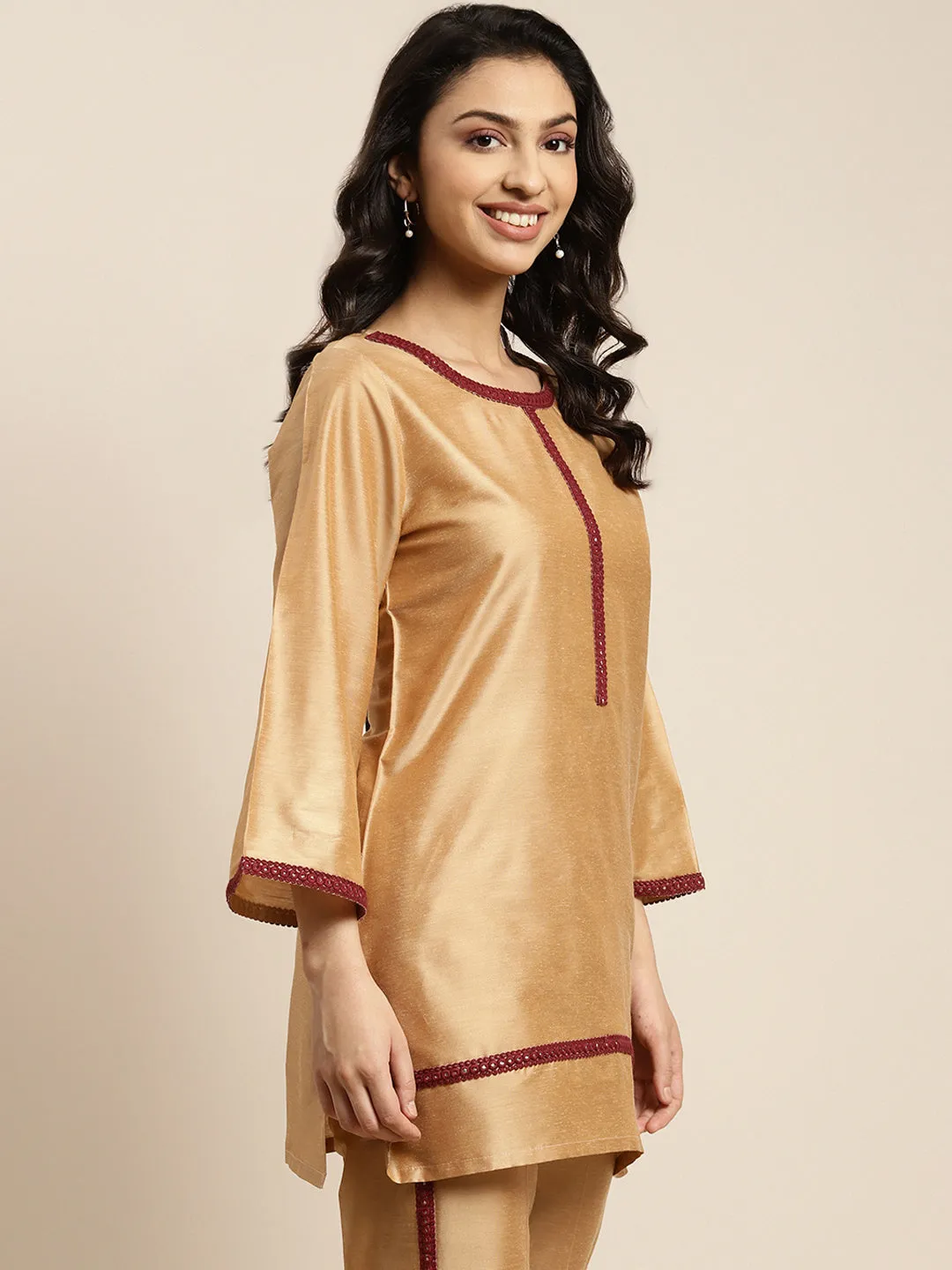 Women Beige Mirror Lace Short Kurta