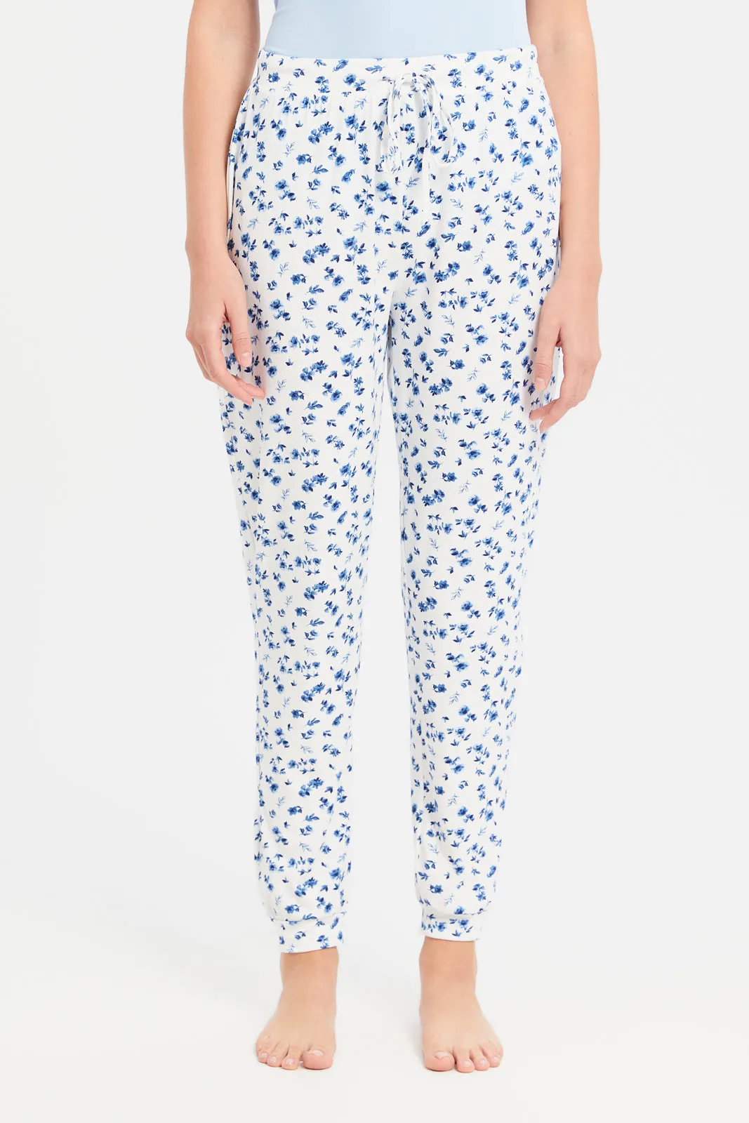 Women Blue And White Printed Pajama Set (2 Piece)