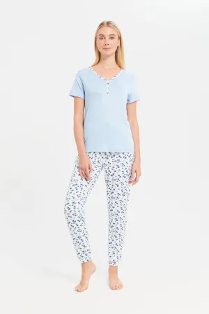 Women Blue And White Printed Pajama Set (2 Piece)