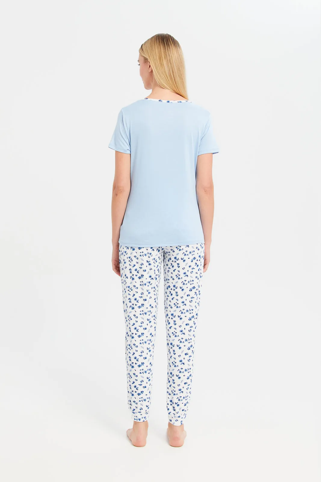 Women Blue And White Printed Pajama Set (2 Piece)