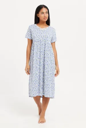 Women Blue Printed Knit Nightgown