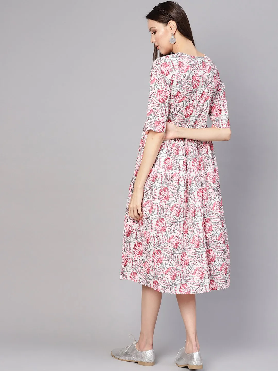 Women Off-White & Pink Printed A-Line Dress