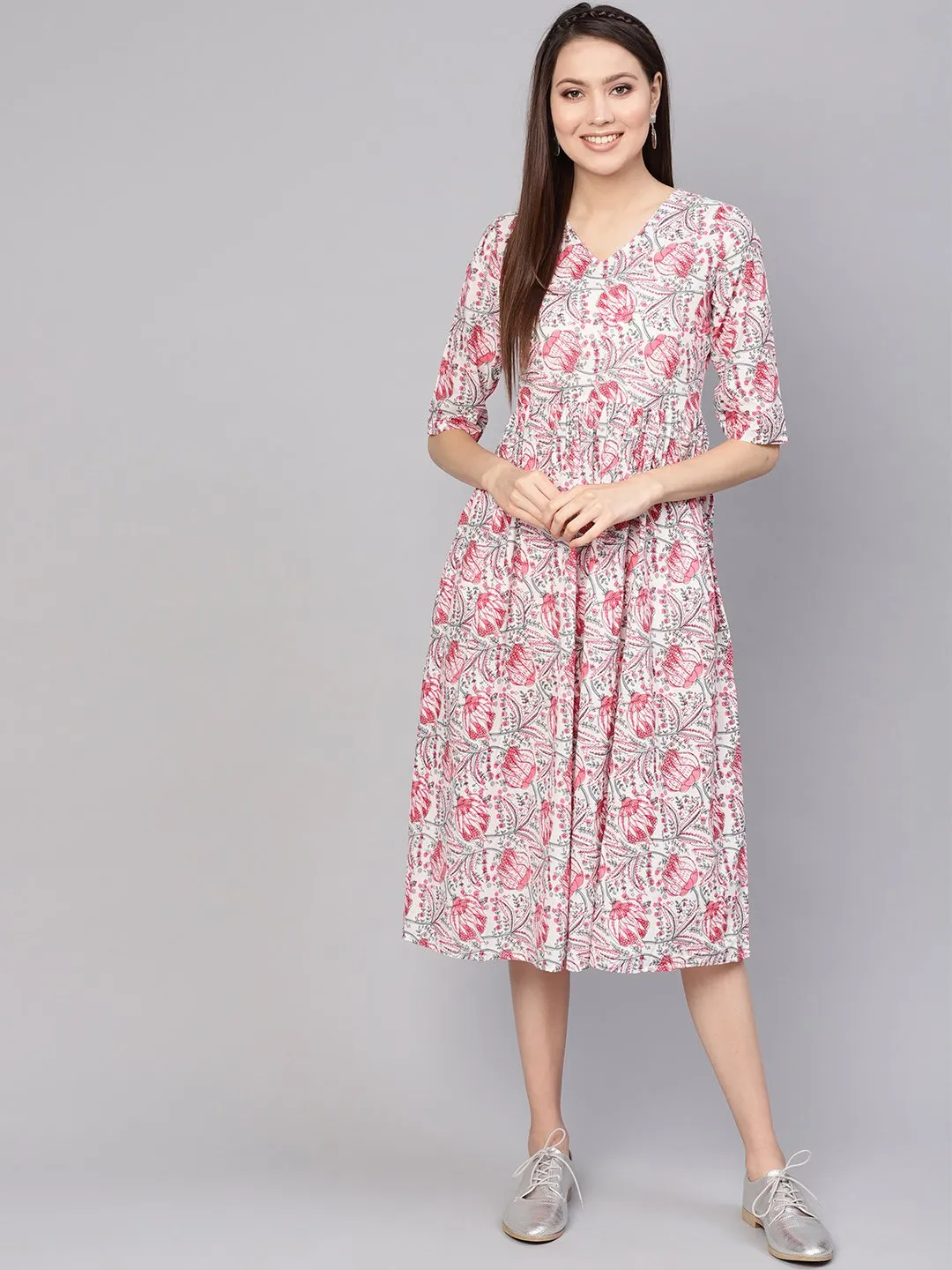 Women Off-White & Pink Printed A-Line Dress