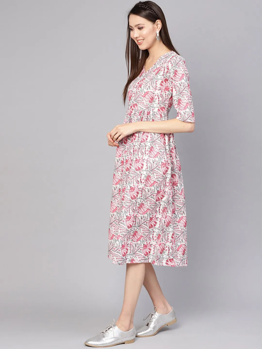 Women Off-White & Pink Printed A-Line Dress