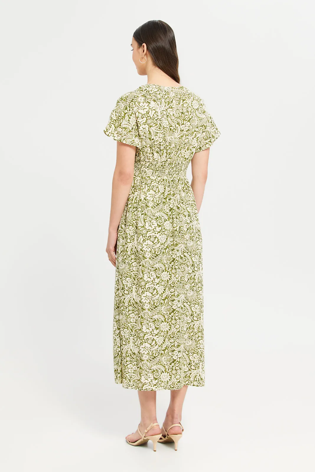 Women Olive Printed Midi Dress