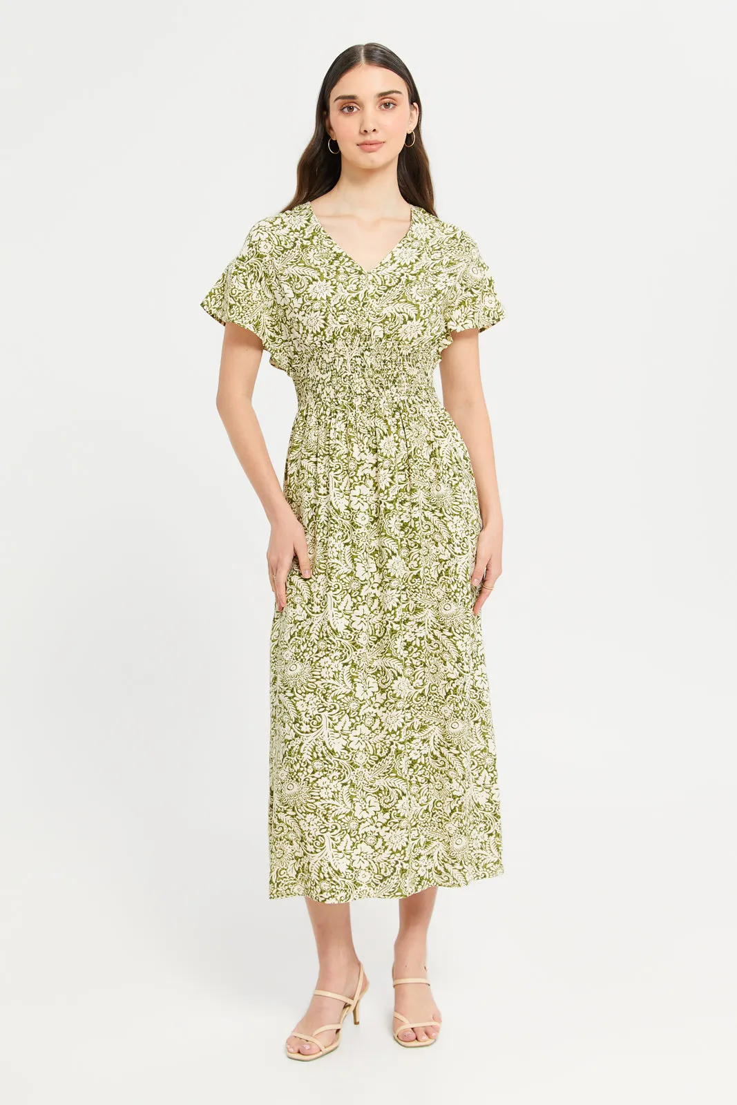 Women Olive Printed Midi Dress