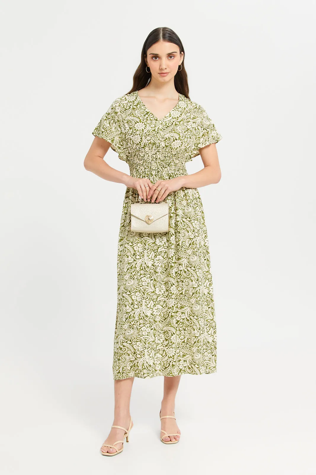 Women Olive Printed Midi Dress