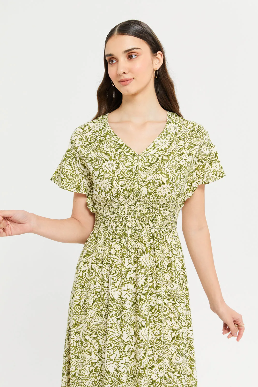 Women Olive Printed Midi Dress