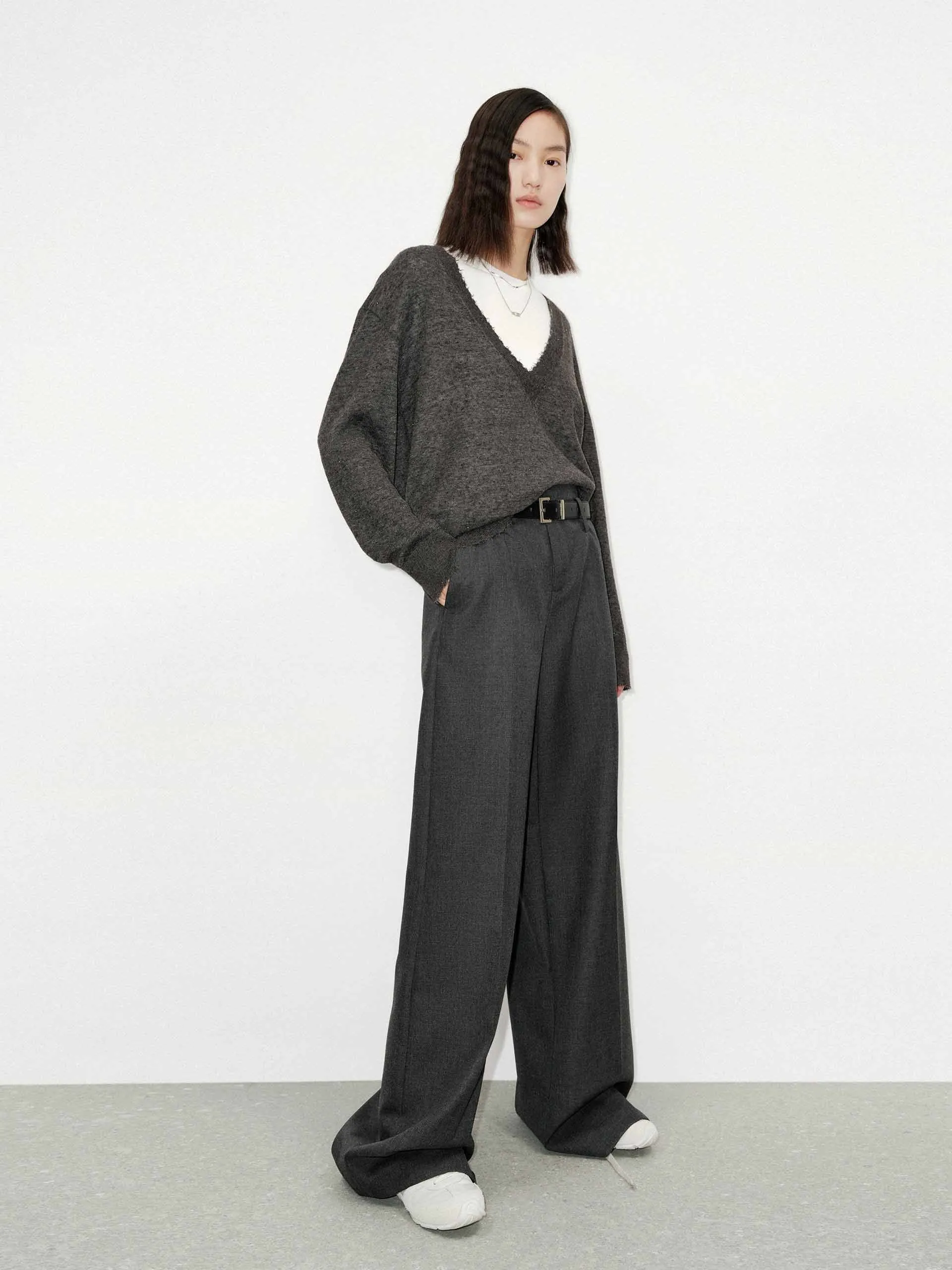 Wool Blend Belted Pants